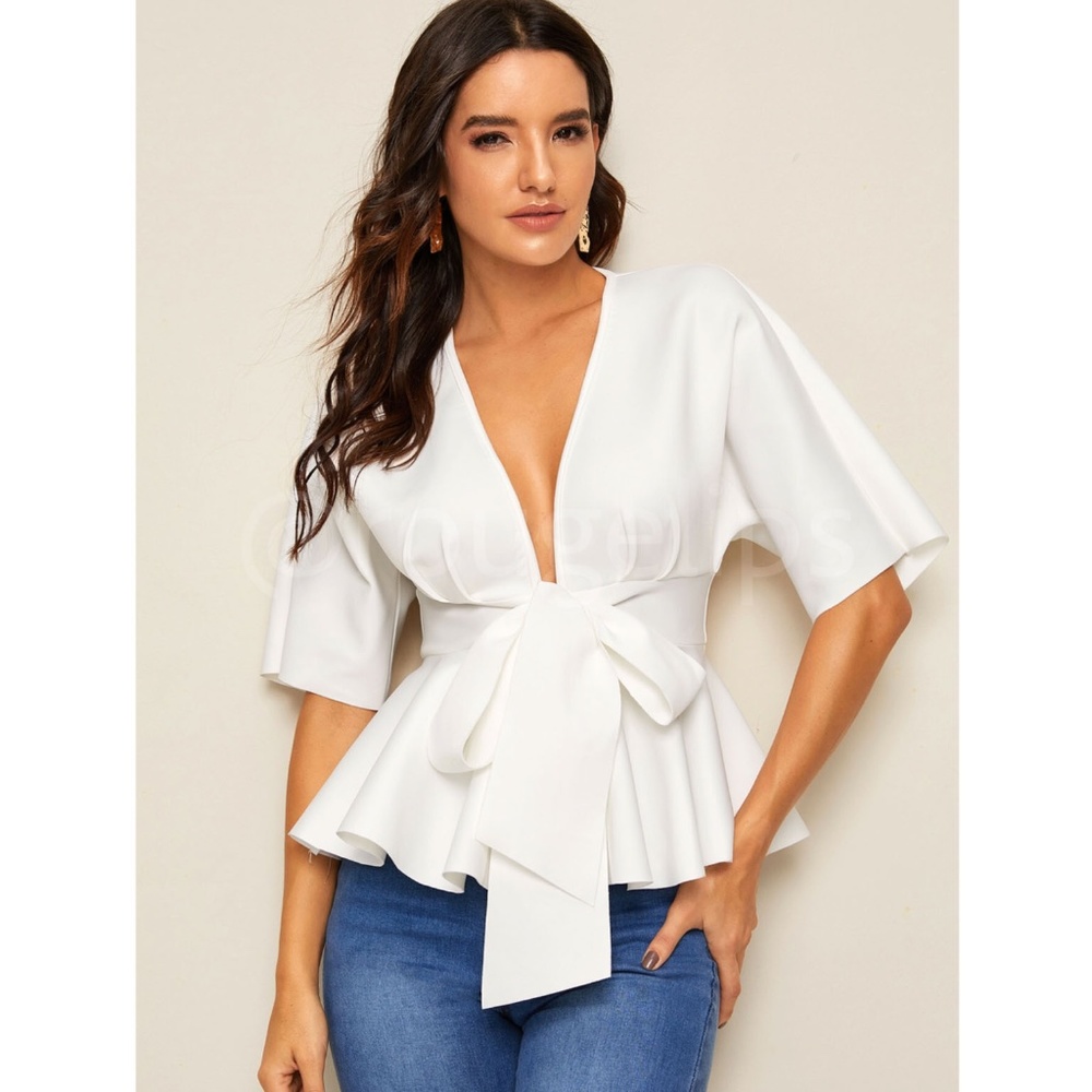 White Peplum Top V-Neck Half Sleeve Front Ties - Picture 6 of 12